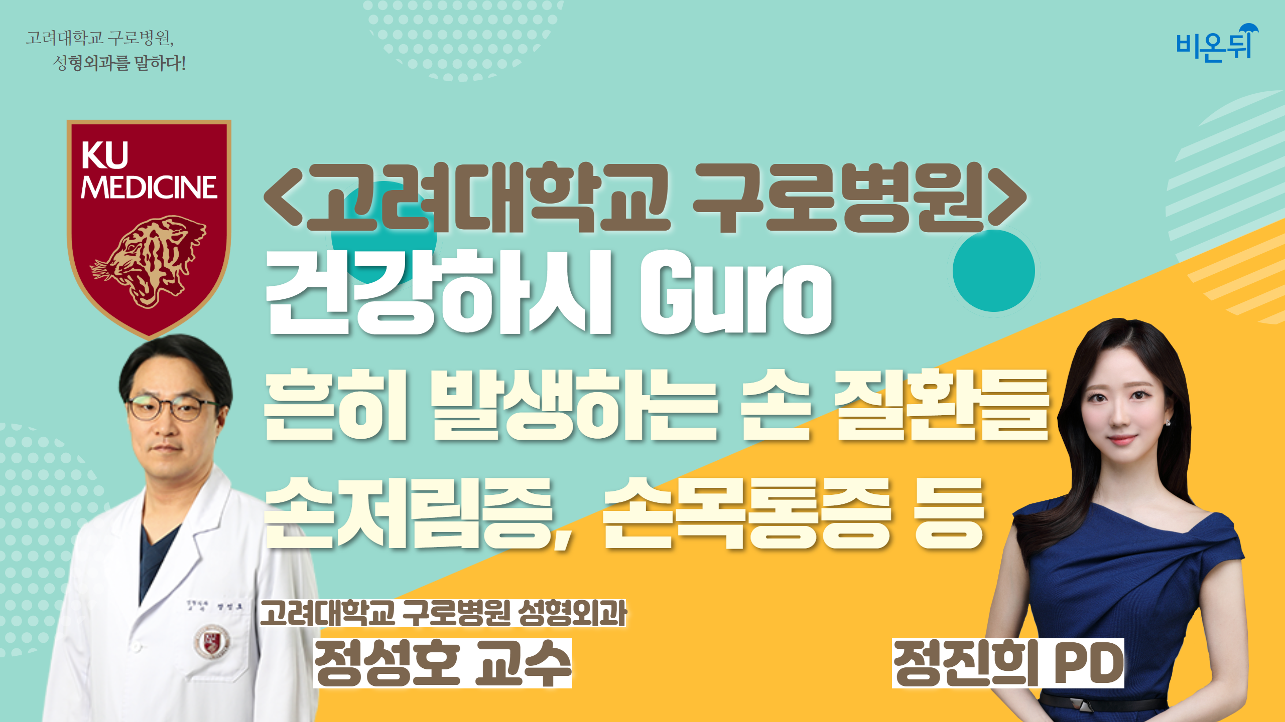 건강하시 Guro - 흔히 발생하는 손질환들(과사용증후군, 손목터널증후군, 팔꿉굴증후군, 방아쇠수지, 관절염 등)(고대구로병원 성형외과 정성호 교수&정진희PD)